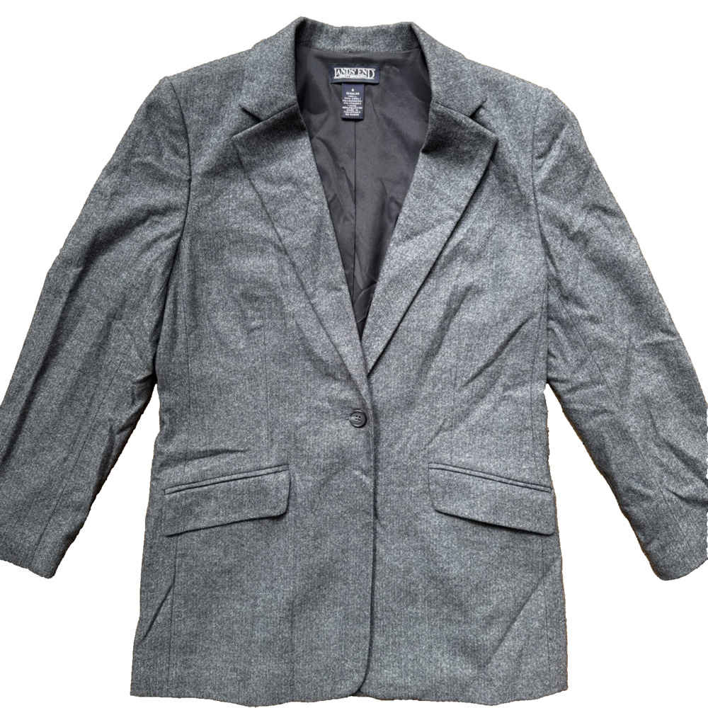 Lands' End Y2K Wool Cashmere Blazer Women's Size 8 Blue Herringbone Vintage